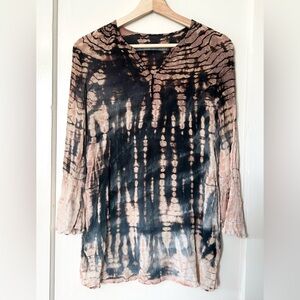 Raquel Allegra 100% Silk Crinkle Tie Dye Bell Sleeve Top 2 L